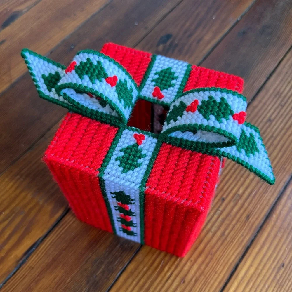 Vintage 70s plastic canvas cross-stitc Christmas tissue box cover